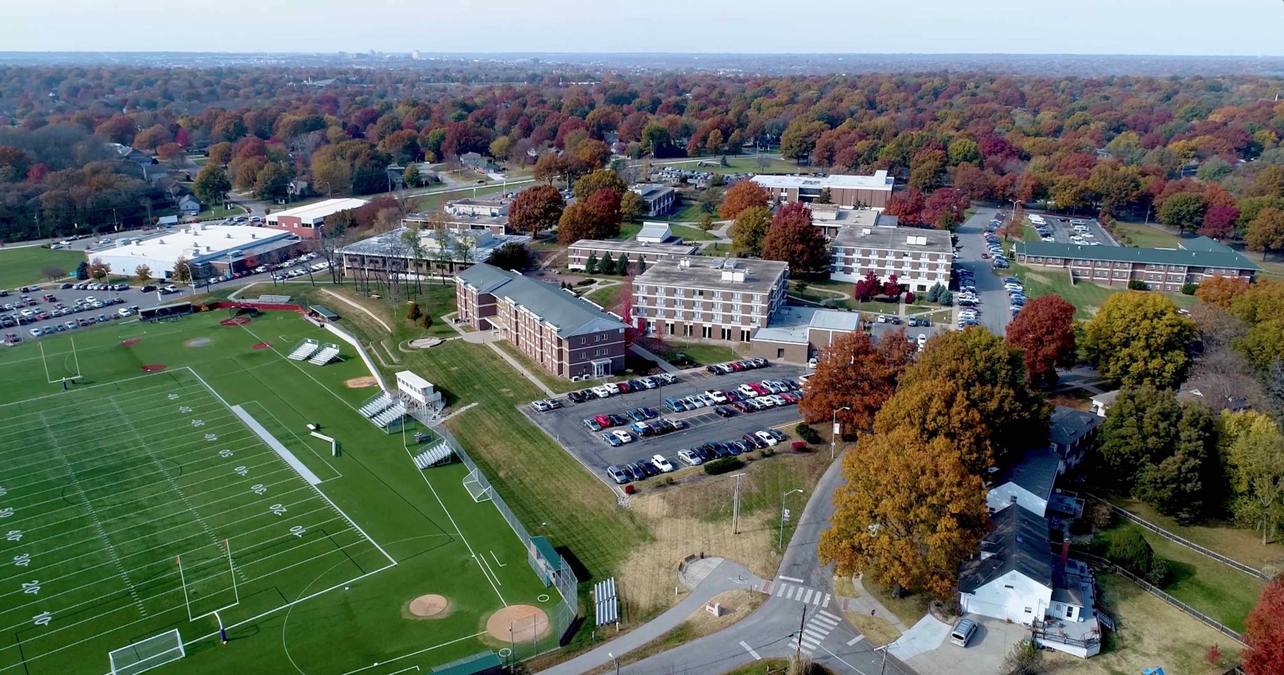 Aerial image of the Avila campus from the southeast side looking toward the northwest in the fall