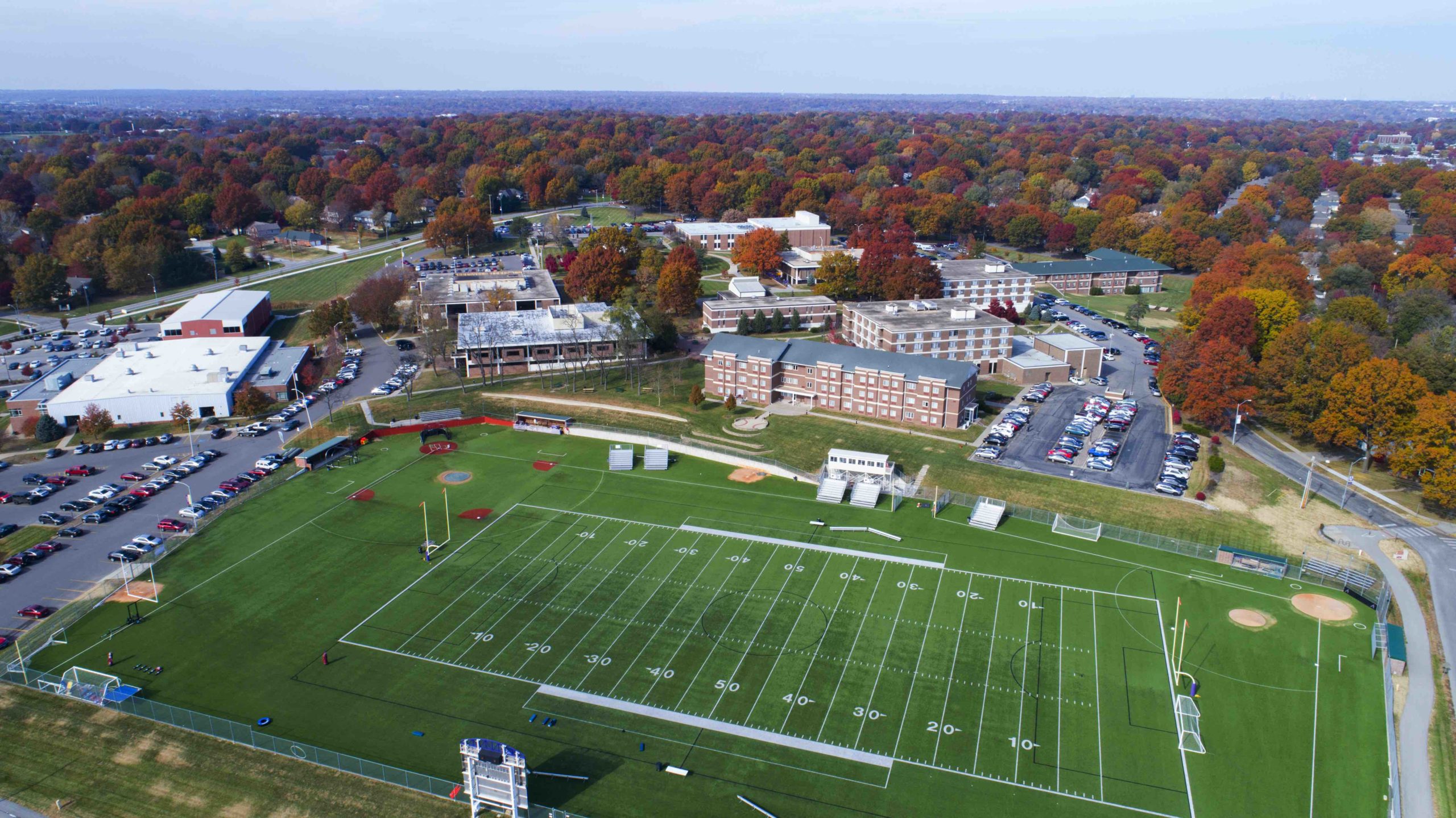 Aerial view of campus from southside looking north. Zarda multi-sport field is in the foreground.