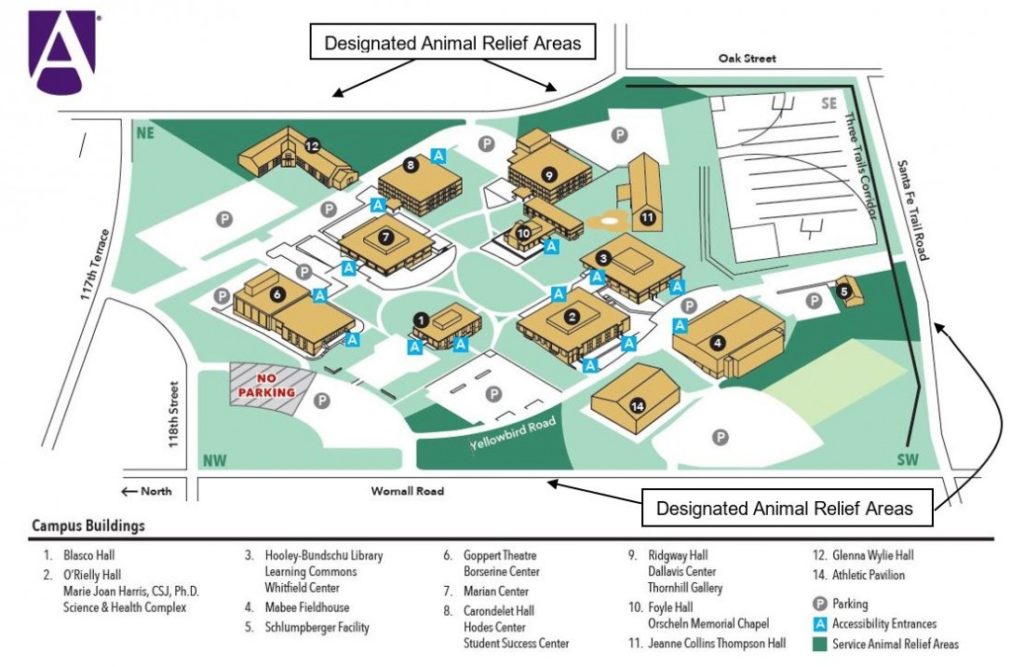 Campus map indicating the designated animal relief areas around campus