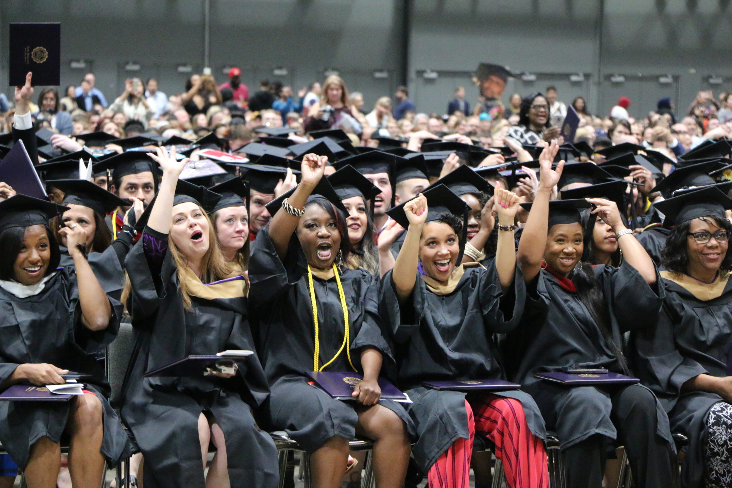 Several Avila students sitting at graduation cheering and raising their arms in the air.