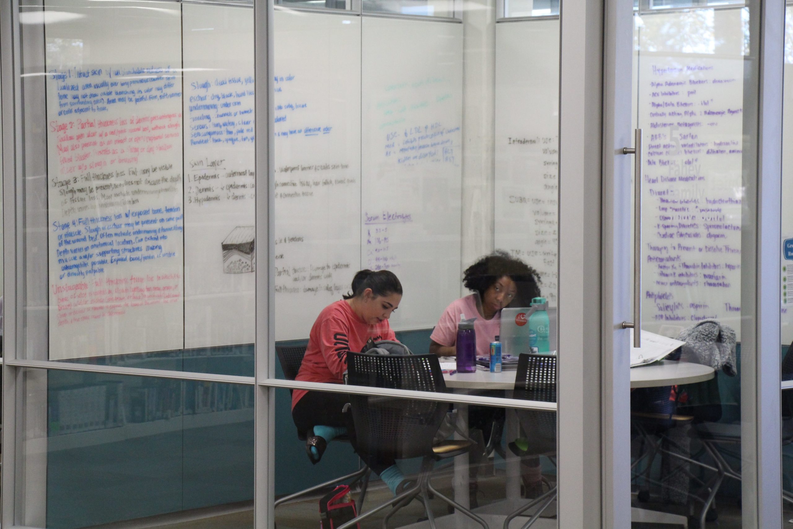 Two students inside one of the glass study rooms inside the Learning Commons