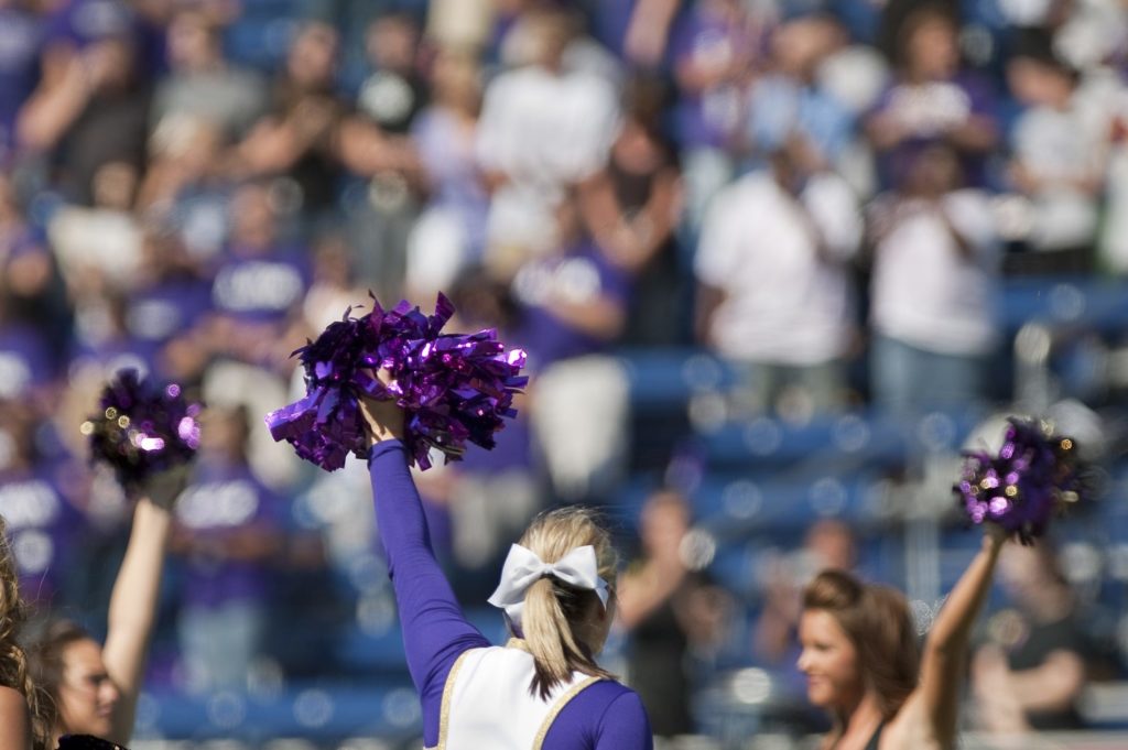 Avila cheer squad raising their poms in front of stadium crowd