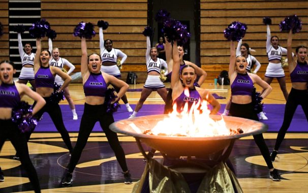 Cheer and Dance teams performing inside Mabee Fieldhouse