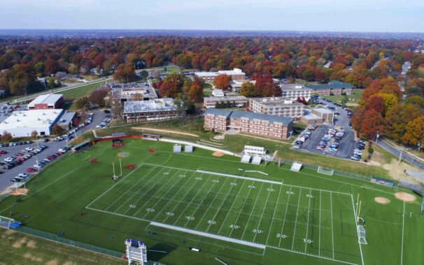 Aerial view of campus from southside looking north. Zarda multi-sport field is in the foreground.
