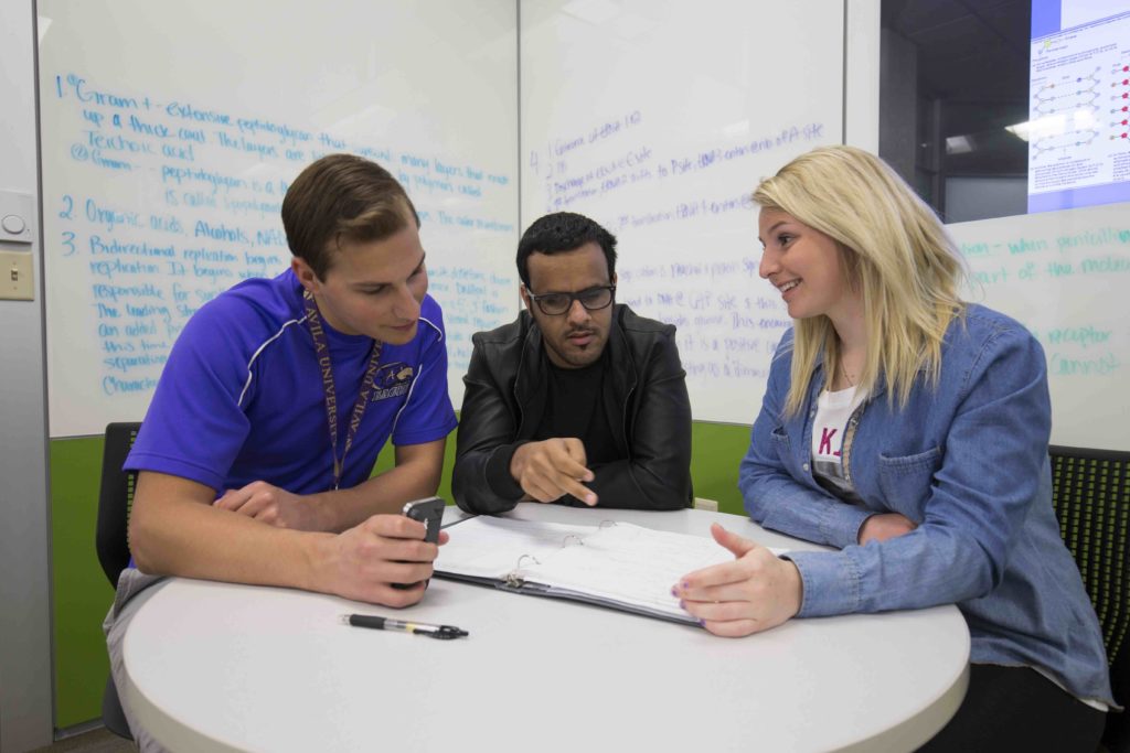 Three students studying in a Learning Commons study room