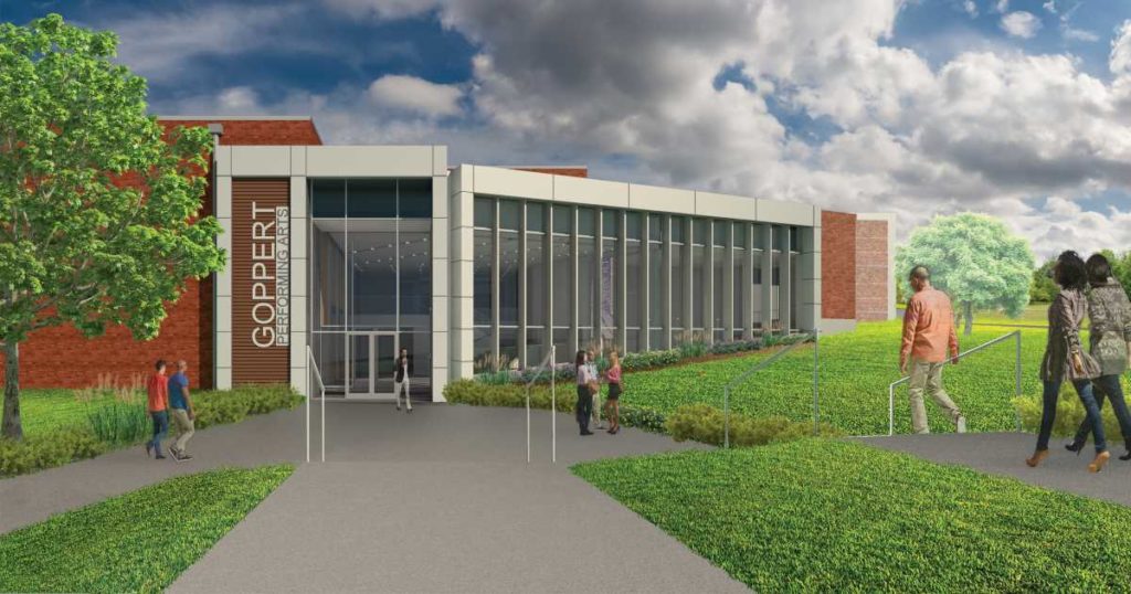 Architectural rendering of Goppert Performing Arts Center entrance