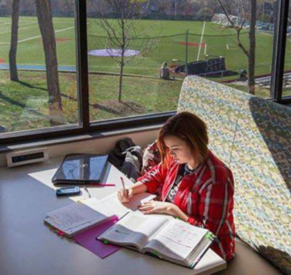 Student studies from book in booth