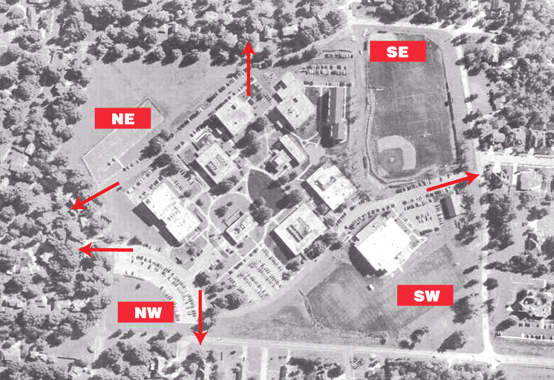 Map of evacuation points on Avila University campus