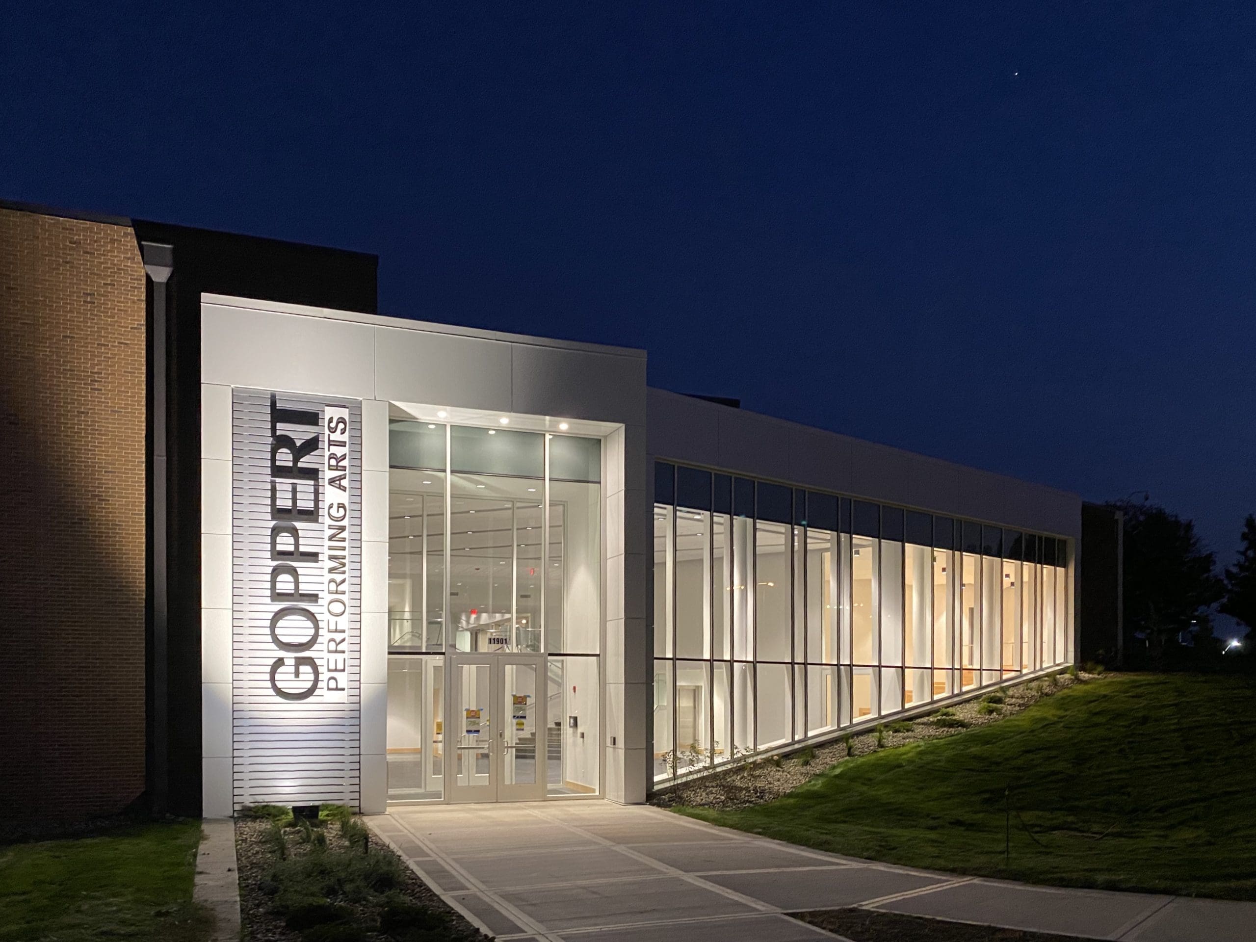 Goppert Performing Arts Center entrance at night