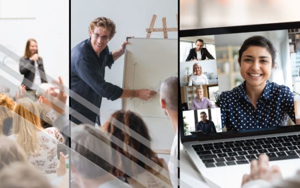 Photo collage showing three different size workshops available - large conference, smaller team, and virtual meetings