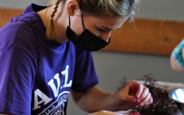 young woman sifts thru plant roots