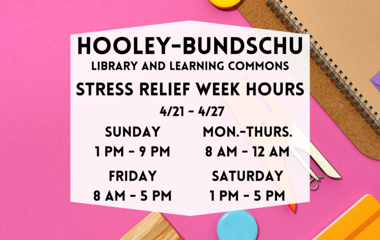 The Avila library hours for Spring 2024 stress relief week are: 4/21: 1-9 PM, 4/22-4/25: 8 AM-12 PM, 4/26: 8 AM-5 PM; 4/27: 1-5 PM