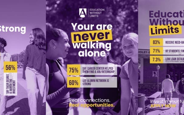 ����ֱ�� Education Without Limits campaign — three promotional graphics highlighting student support statistics including 75% say career center helped find a job or internship, 60% say alumni network is strong, and 56% say their degree is worth the investment
